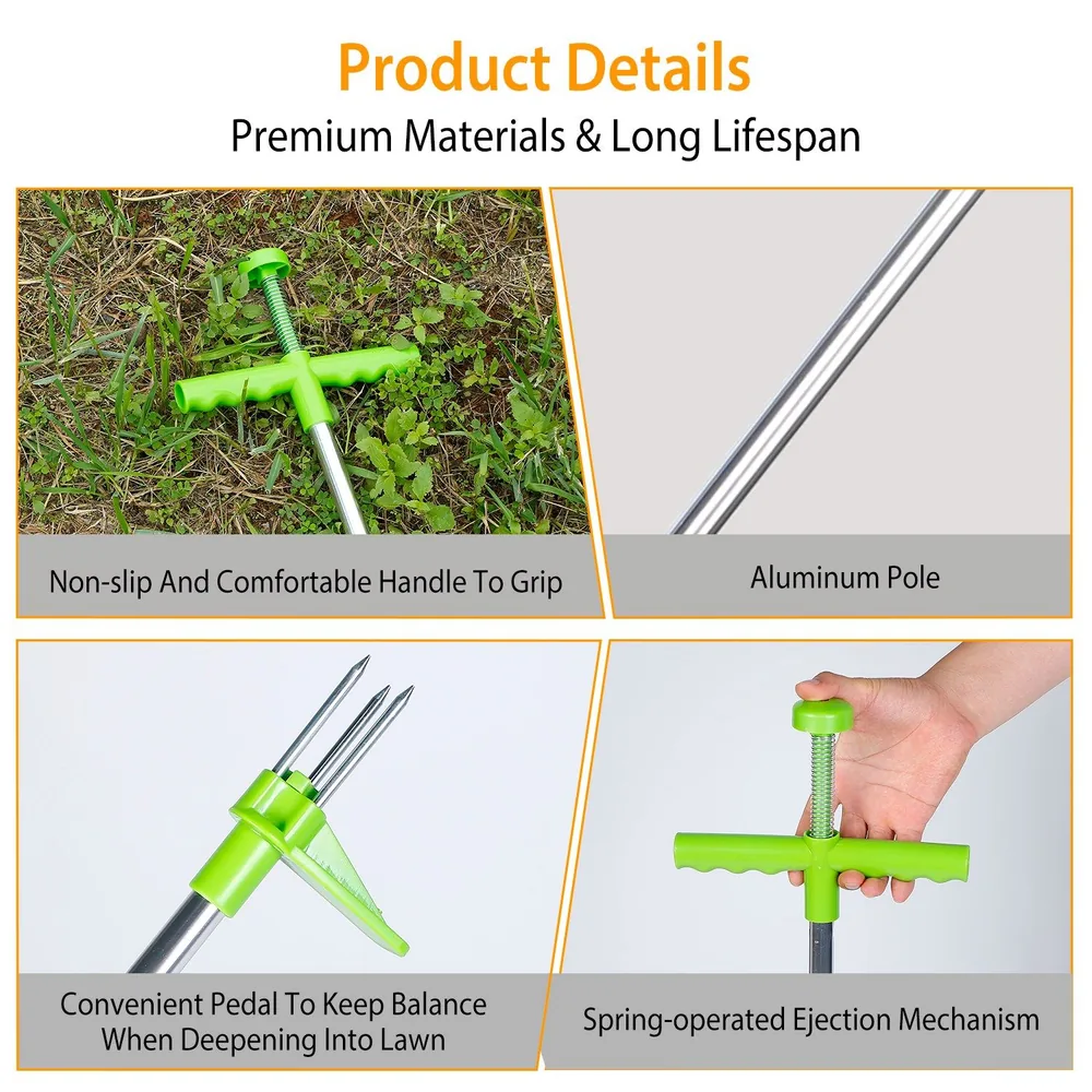 Image of a garden tool featuring a non-slip green handle, sturdy aluminum pole, convenient balancing pedal, and a spring-operated ejection mechanism for easy use in lawn maintenance.