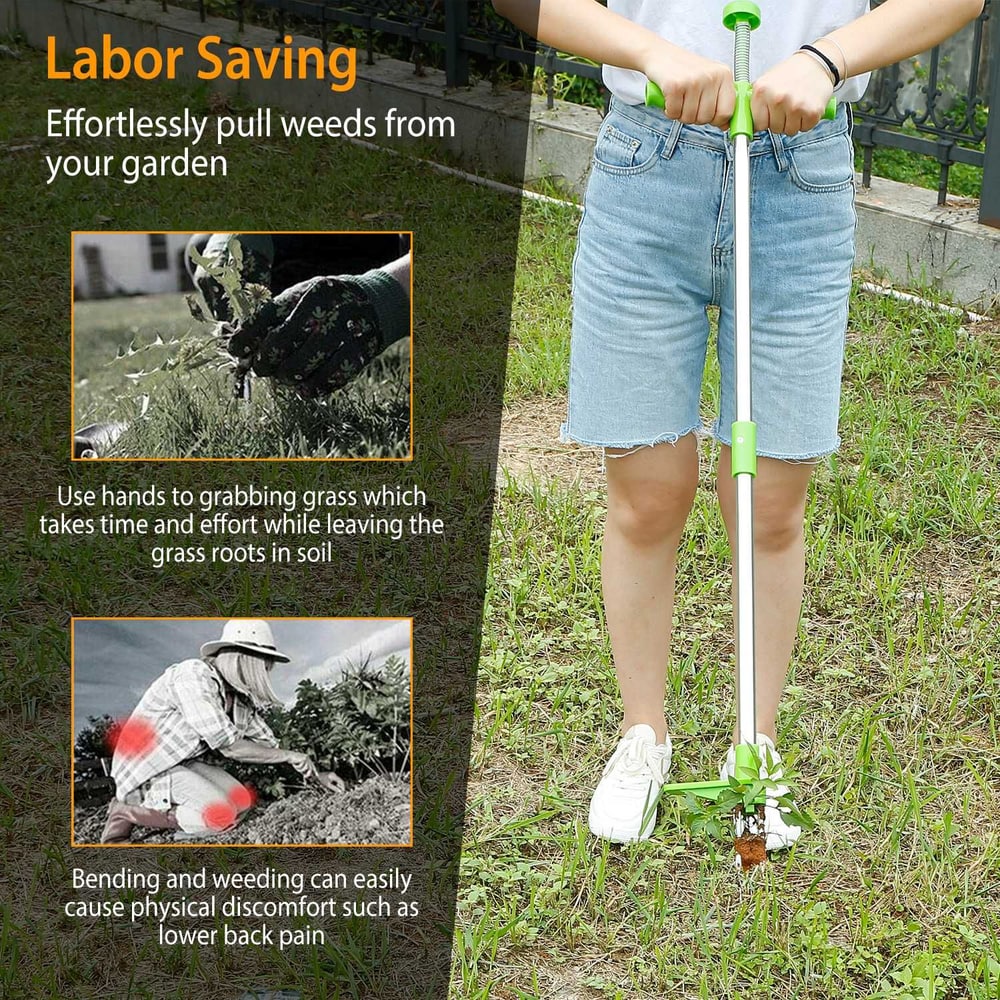 Person using a green and silver garden weeder tool to effortlessly pull weeds from grass in their garden, highlighting its labor-saving design and ease of use.