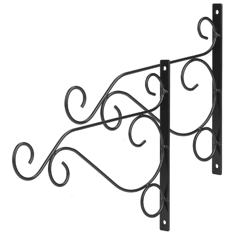 Black metal decorative bracket with elegant scroll design, perfect for supporting shelves or planters.