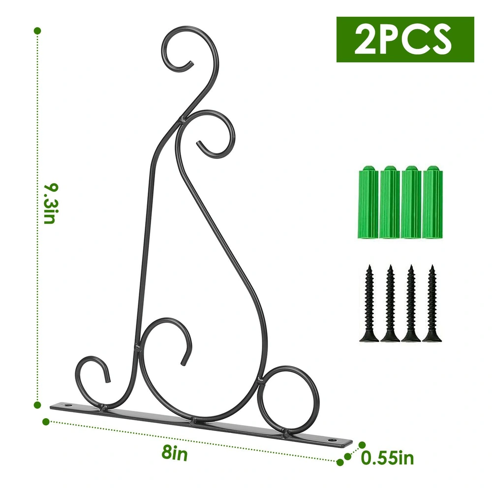 Black metal decorative plant stand holder, 9.3 inches tall and 8 inches wide, includes installation screws and anchors, ideal for showcasing pots and decorations.