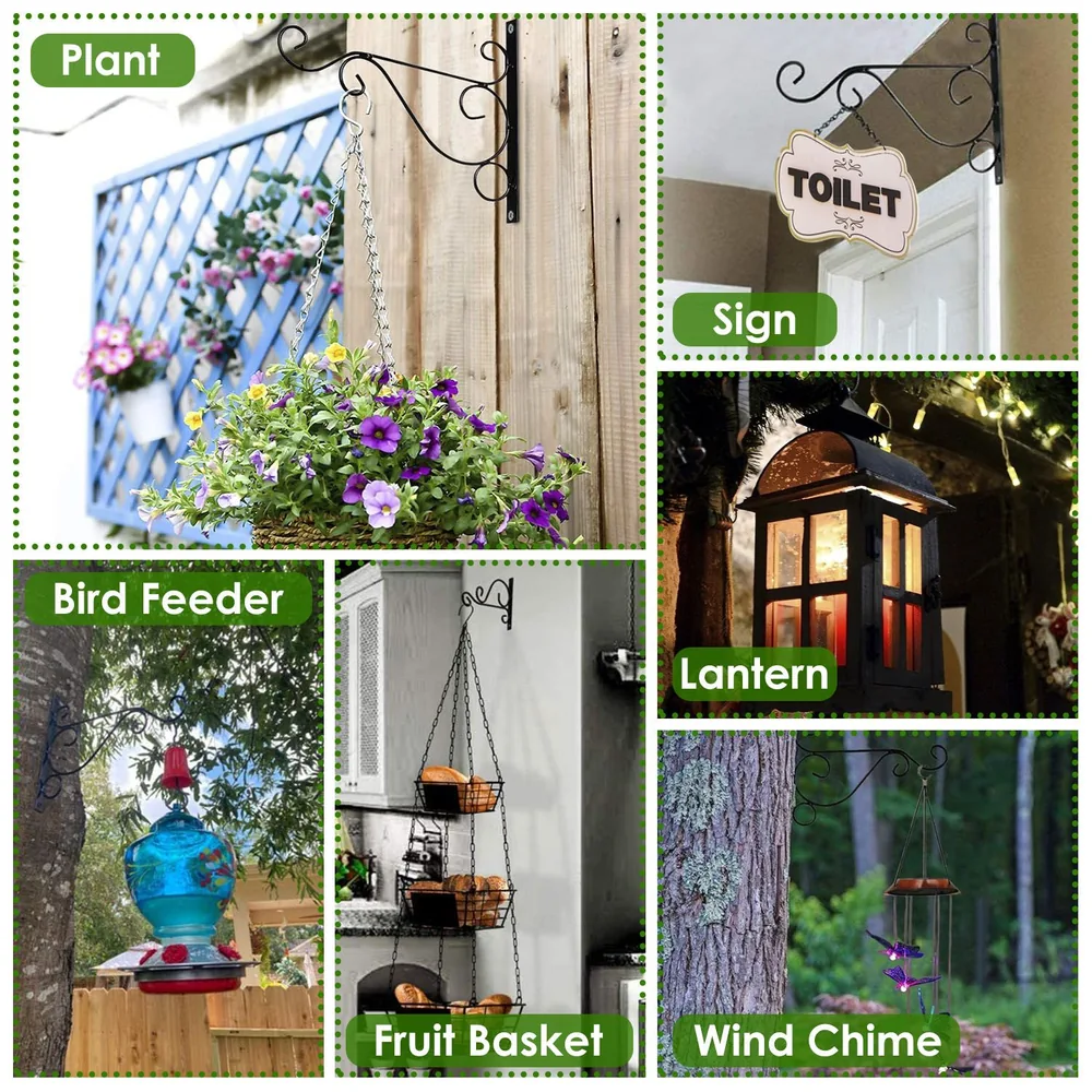 A collage of decorative hooks showcasing various uses: a flower basket with purple blooms, a hanging sign labeled "Toilet," a colorful bird feeder, a fruit basket, a lantern with glowing lights, and a wind chime in a natural setting.