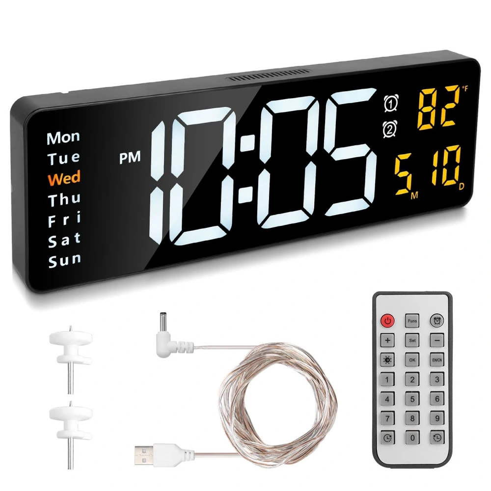 Digital wall clock displaying time, temperature, and weekday with remote control and mounting hardware, featuring large, easy-to-read numbers and sleek black design.