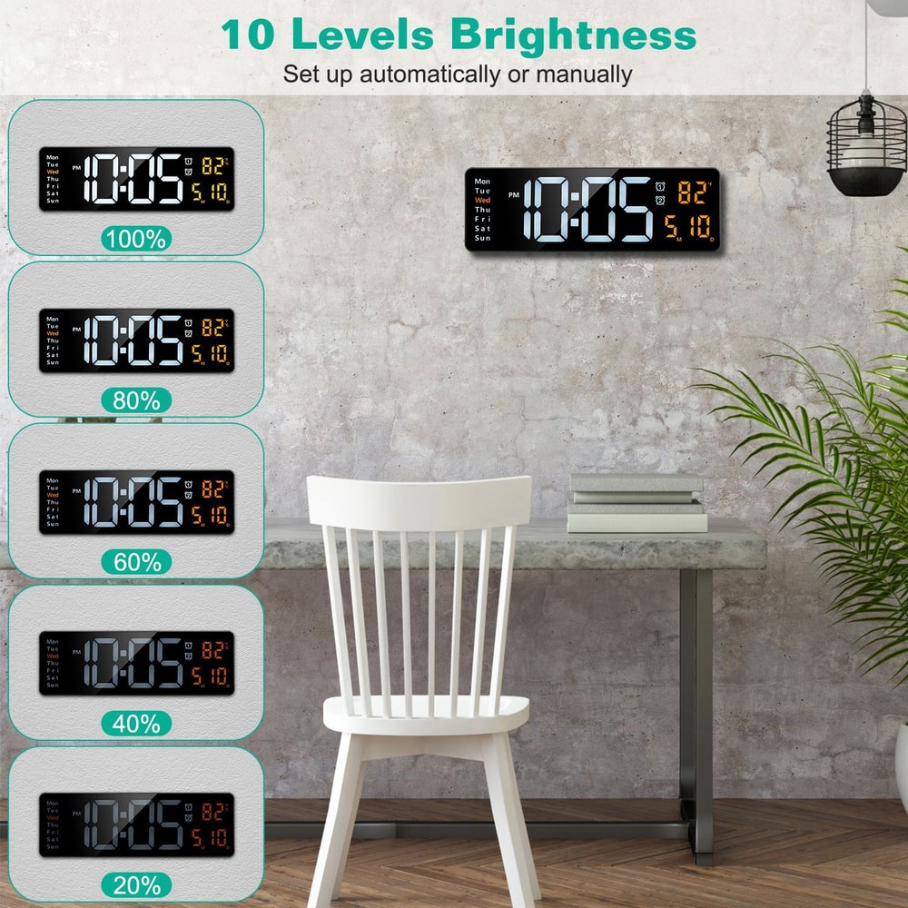 Digital wall clock displaying time, temperature, and date with adjustable brightness settings, shown in a modern office setting next to a white chair and plants.