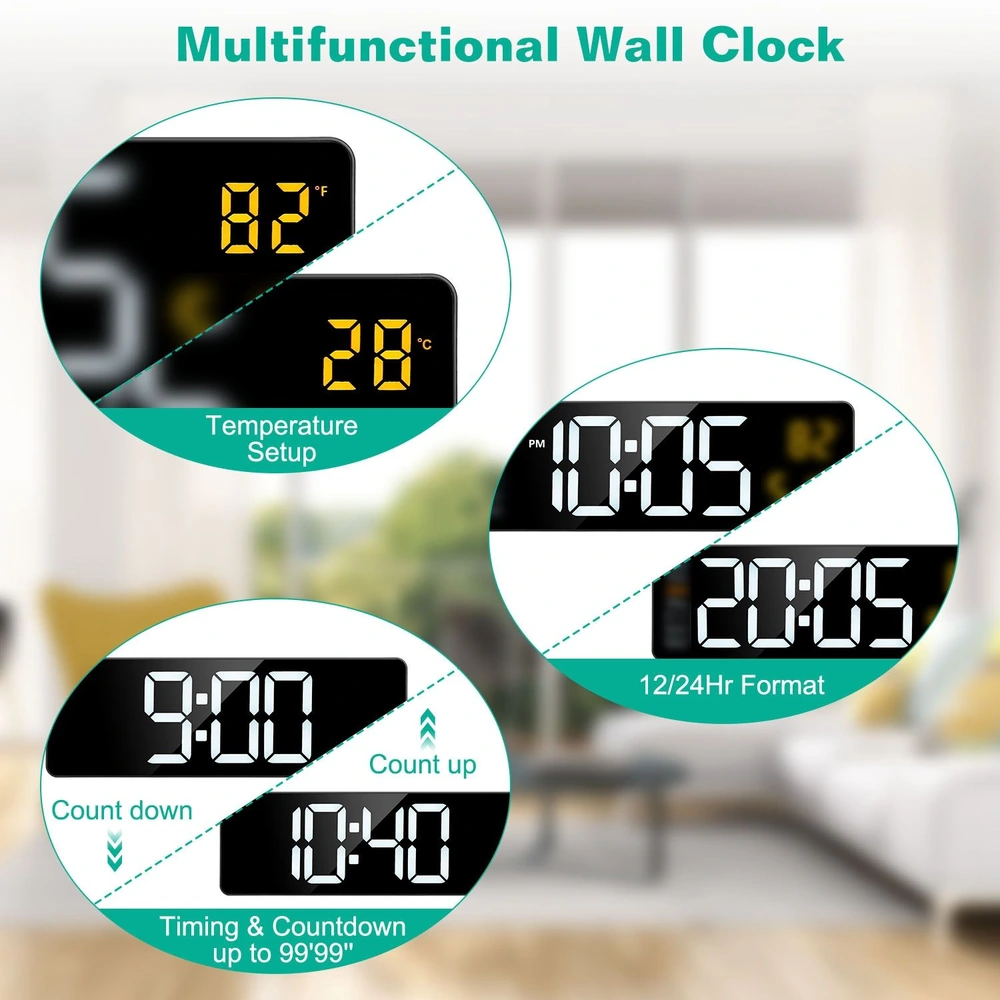 Multifunctional wall clock displaying time, temperature in Fahrenheit and Celsius, countdown and count-up timers, adjustable 12/24 hour format, designed for easy readability in any home or office setting.