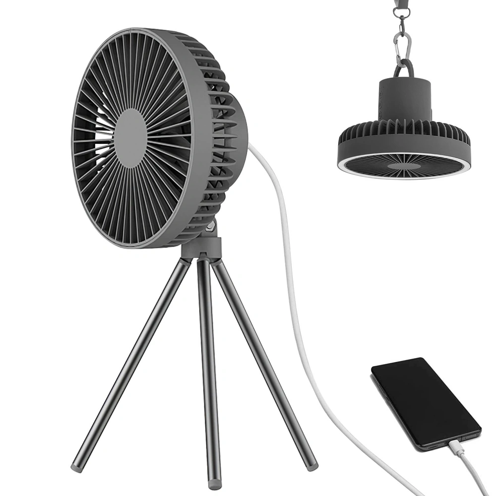 Portable gray fan with tripod stand and hanging design, shown alongside a smartphone for size reference, ideal for home or outdoor use.
