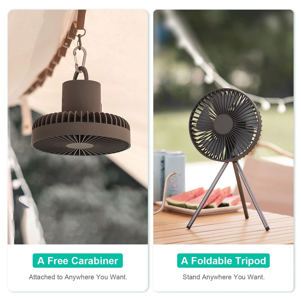 Portable multifunctional fan with a carabiner for hanging and a foldable tripod for standing, perfect for outdoor use.