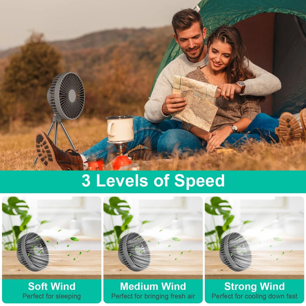 Portable fan with three speed settings for versatile cooling options, ideal for outdoor activities and camping.