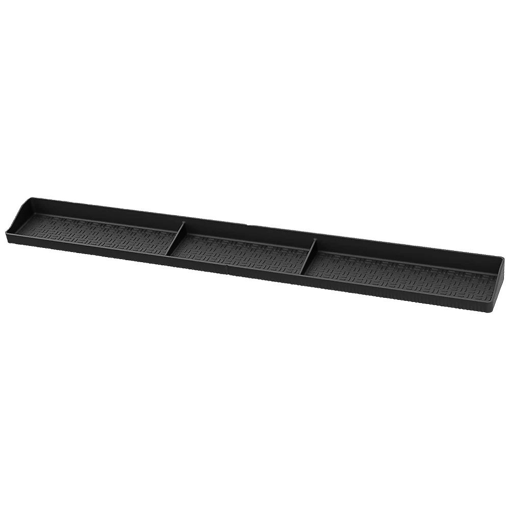Long black organizer tray with three compartments, ideal for storing office supplies, tools, or kitchen items, featuring a textured design for grip.