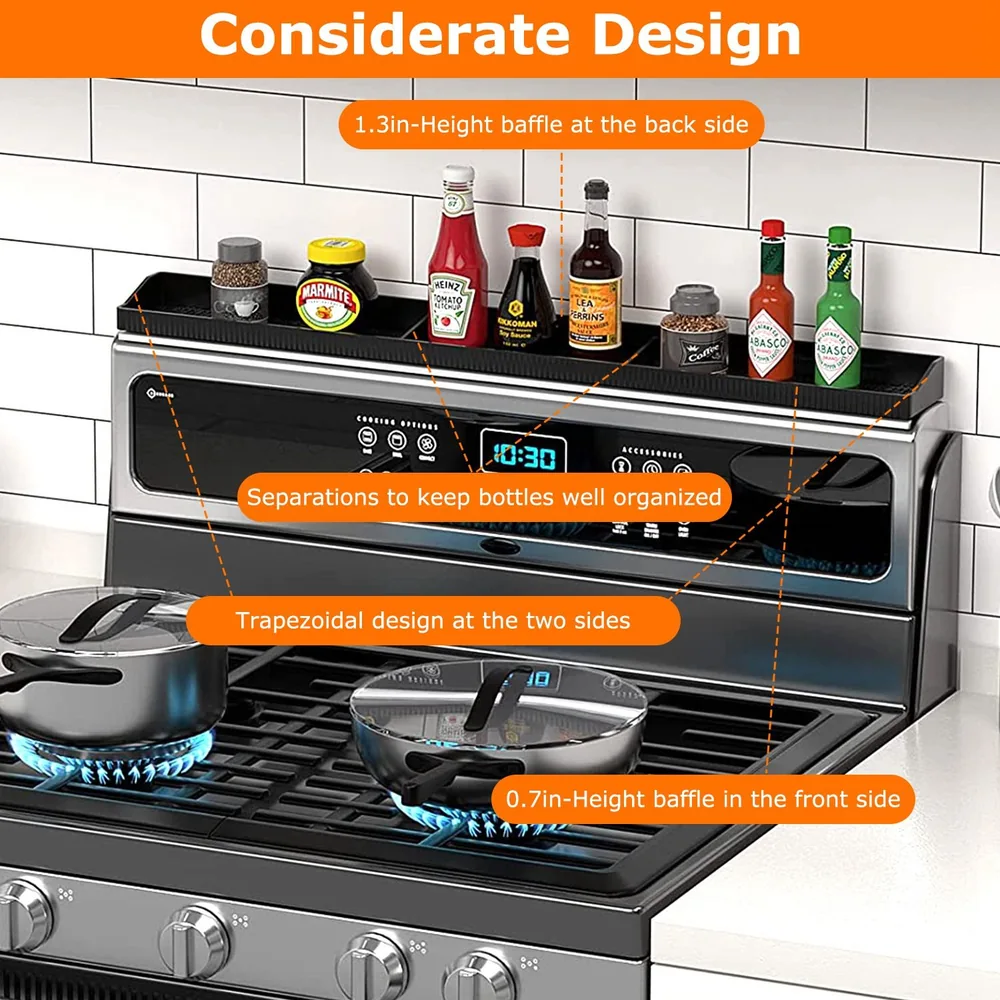 High-quality kitchen stove with organized condiment shelf featuring a 1.3-inch back baffle and trapezoidal design, accompanied by two pots on the burners, illustrating a modern cooking setup.