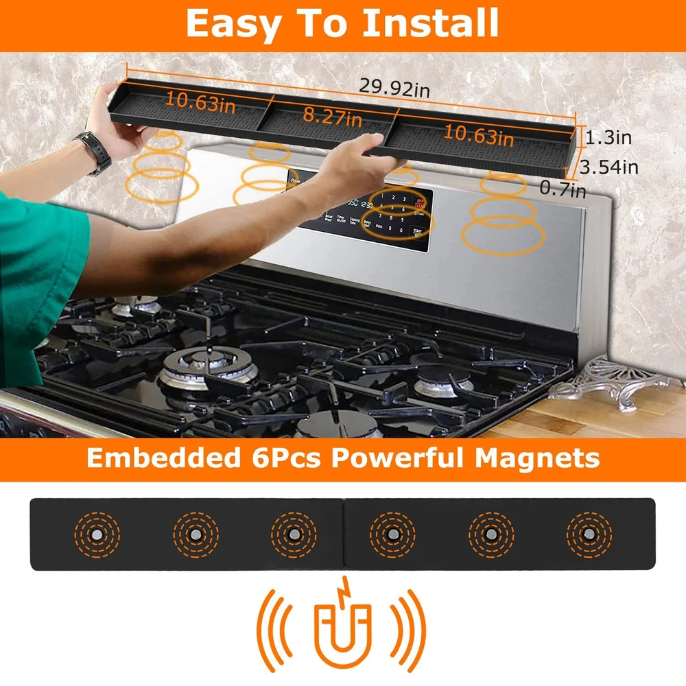 Magnetic stove backsplash protector installation with powerful magnets, measuring 29.92 inches in length, shown above a modern gas stove.