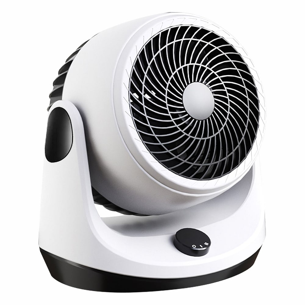 White compact table fan with a circular grill and simple control knob, designed for efficient air circulation in small spaces.