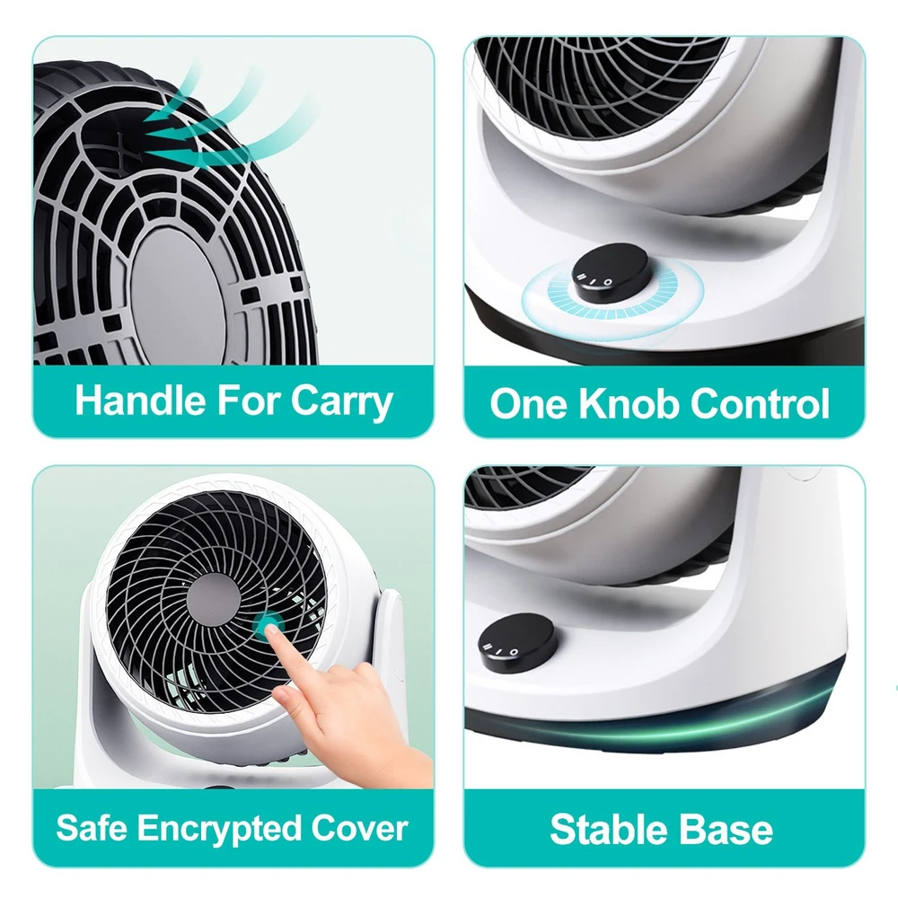 Compact portable fan with carry handle, one knob control, safe encrypted cover, and stable base for home or office use.