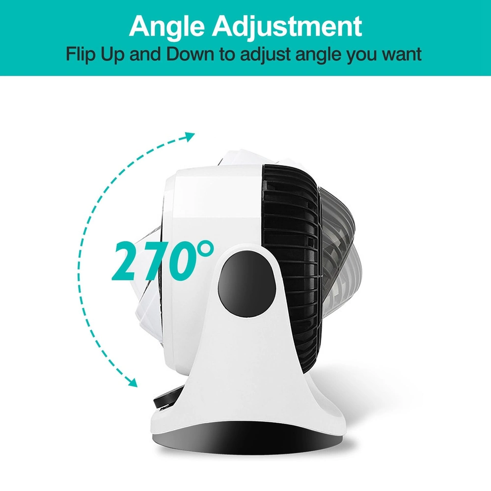 Side view of a 270-degree angle adjustable desk fan, featuring a sleek white and black design, highlighting the pivot mechanism for customizable airflow direction.