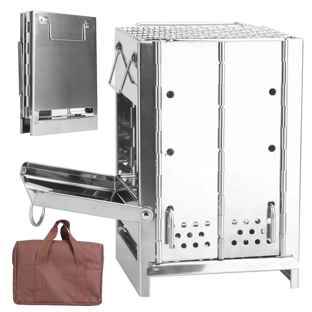 Stainless steel smokehouse smoker with a foldable design and a heat-resistant tray, accompanied by a carrying bag for easy transport and storage.