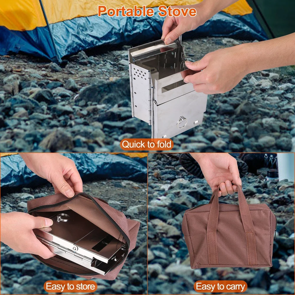 Portable camping stove being unfolded and showcased for quick setup; images depict ease of storage and portability for outdoor adventures.