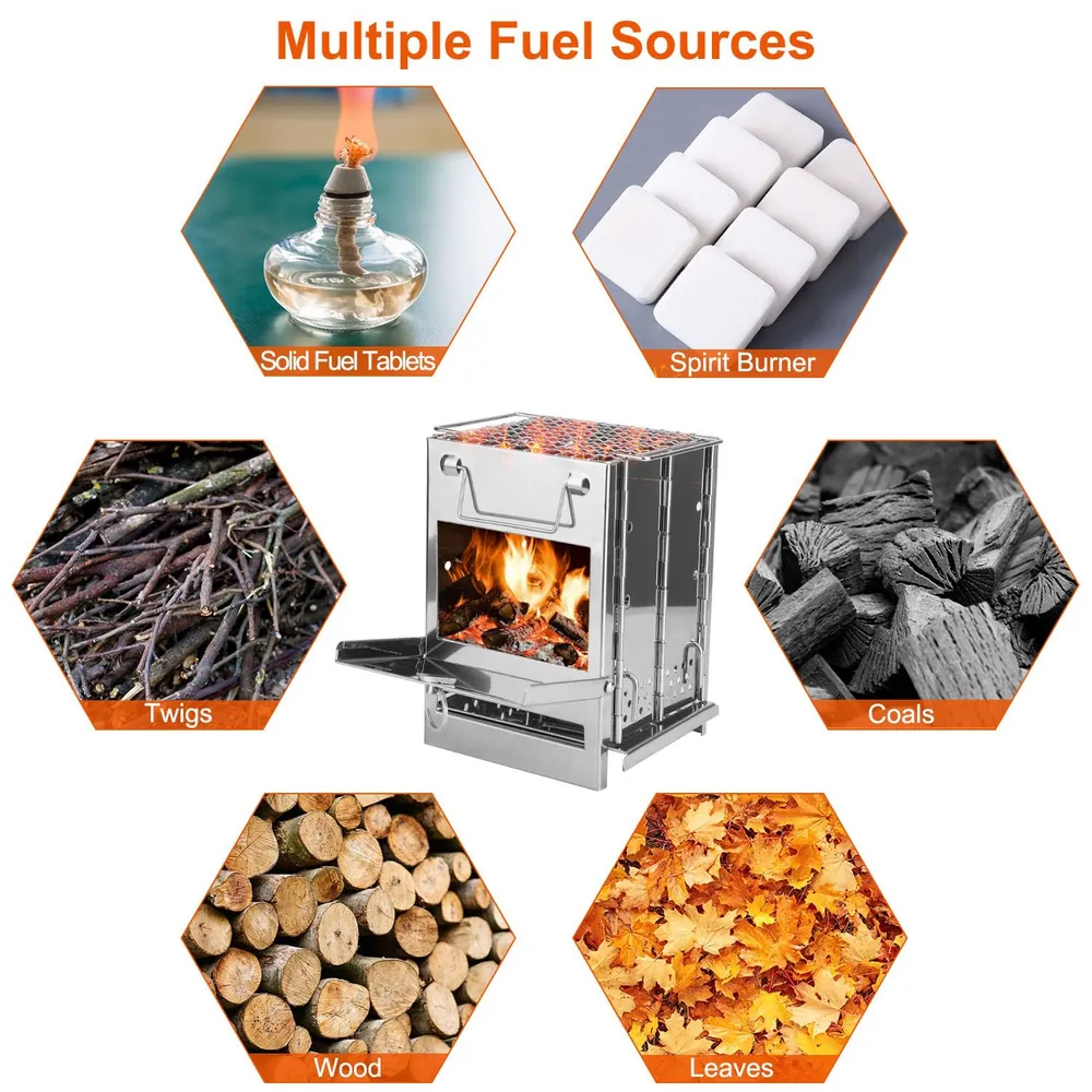 Image shows a multi-fuel camping stove with flames visible inside and surrounded by hexagonal icons representing various fuel sources: solid fuel tablets, spirit burner, twigs, coals, wood, and leaves, highlighting its versatility for outdoor cooking.