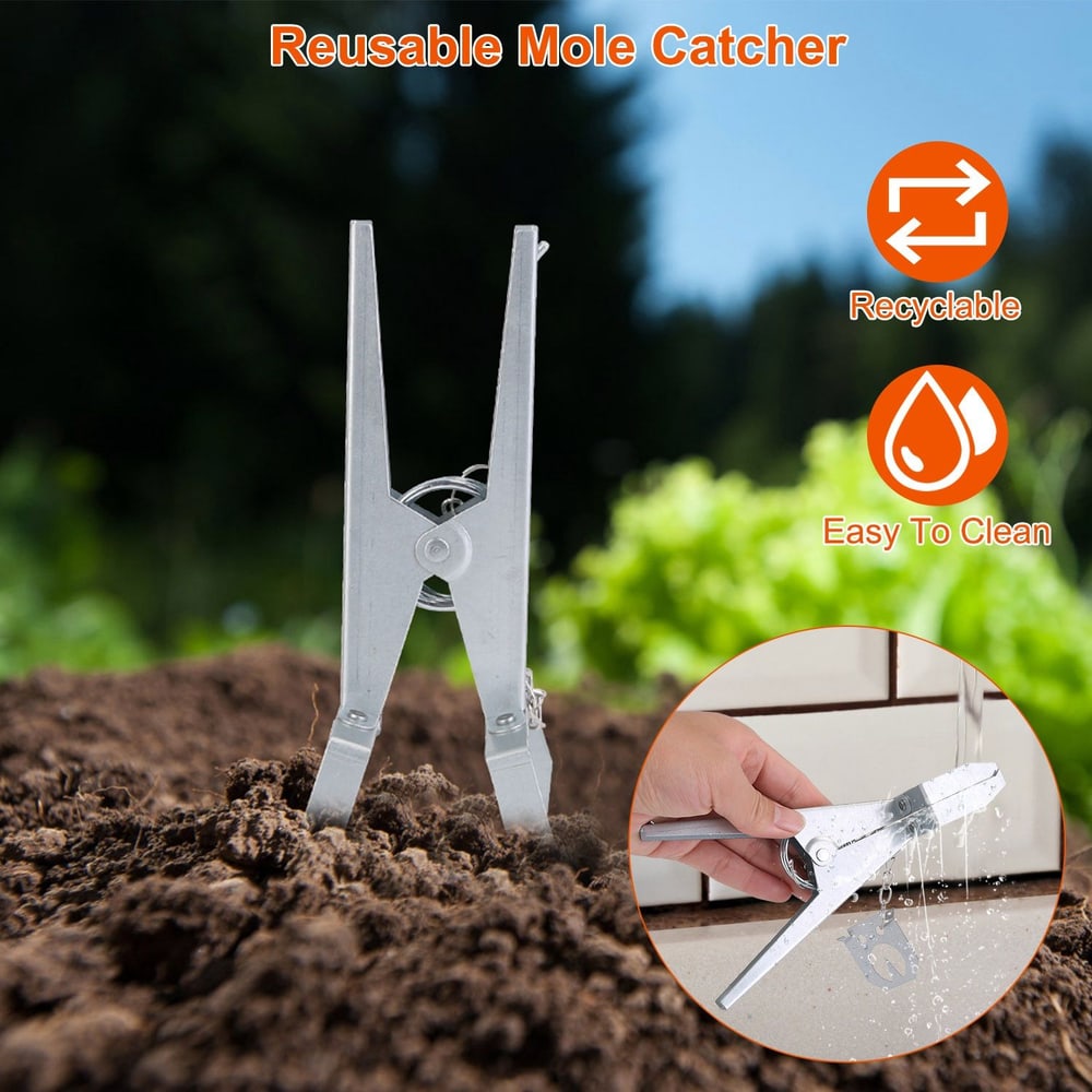 Reusable mole catcher tool set against a blurred garden background, featuring a hand washing the device under running water, emphasizing its recyclability and ease of cleaning.