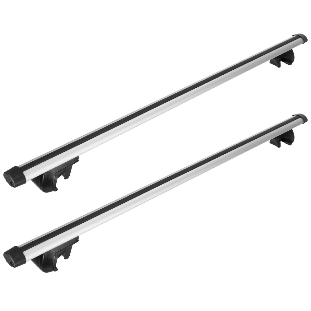 Aluminum roof rack crossbars for vehicles, featuring a sleek silver finish and durable black rubber mounts for easy installation and enhanced functionality.