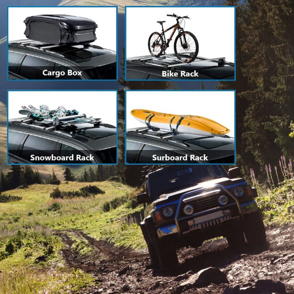 Image showcasing various vehicle roof racks, including a cargo box, bike rack, snowboard rack, and surfboard rack, designed for outdoor enthusiasts to transport gear for biking, skiing, and water sports.