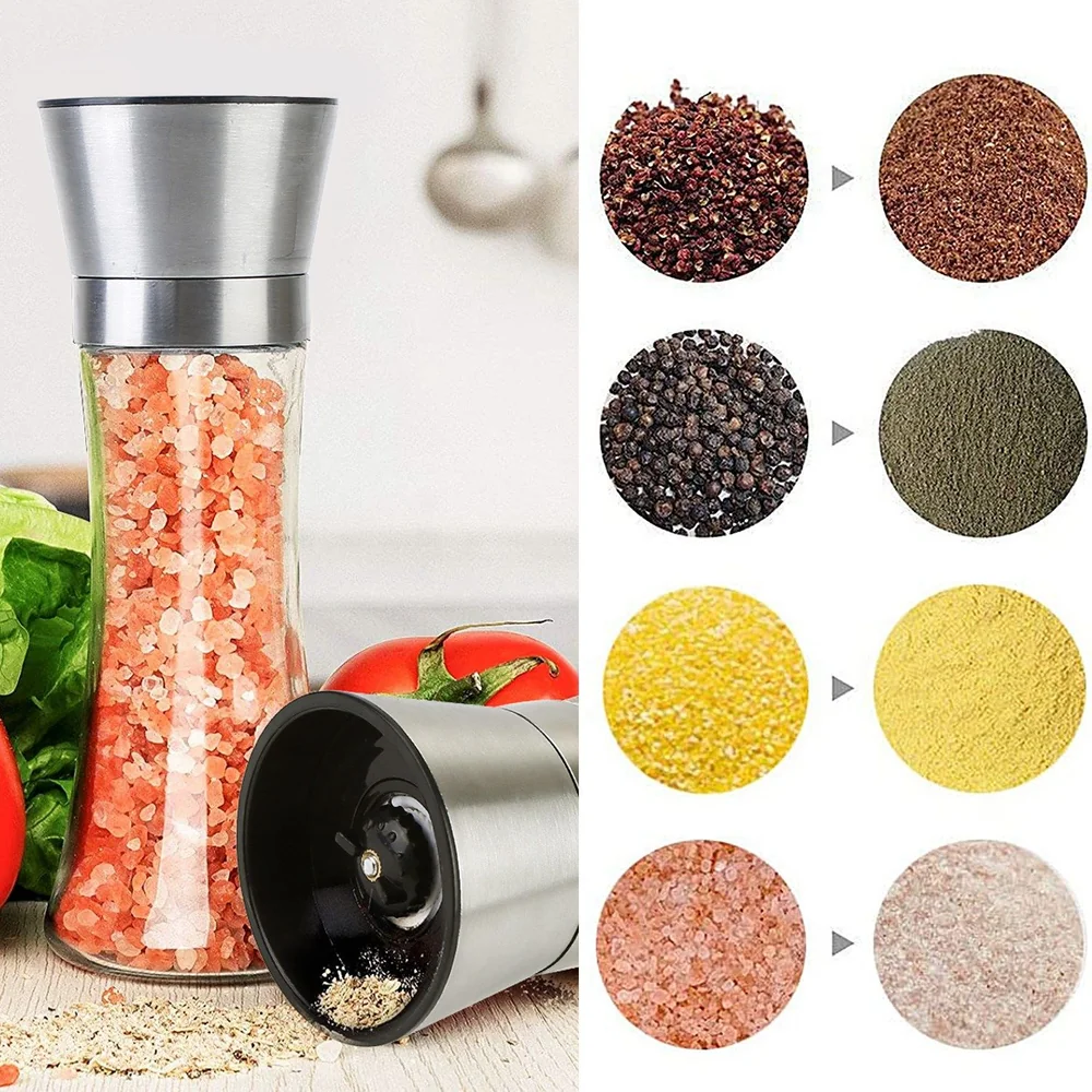 Premium salt and pepper grinder with adjustable settings, filled with pink Himalayan salt, surrounded by fresh vegetables and various spices displayed in circular containers for versatile seasoning options.