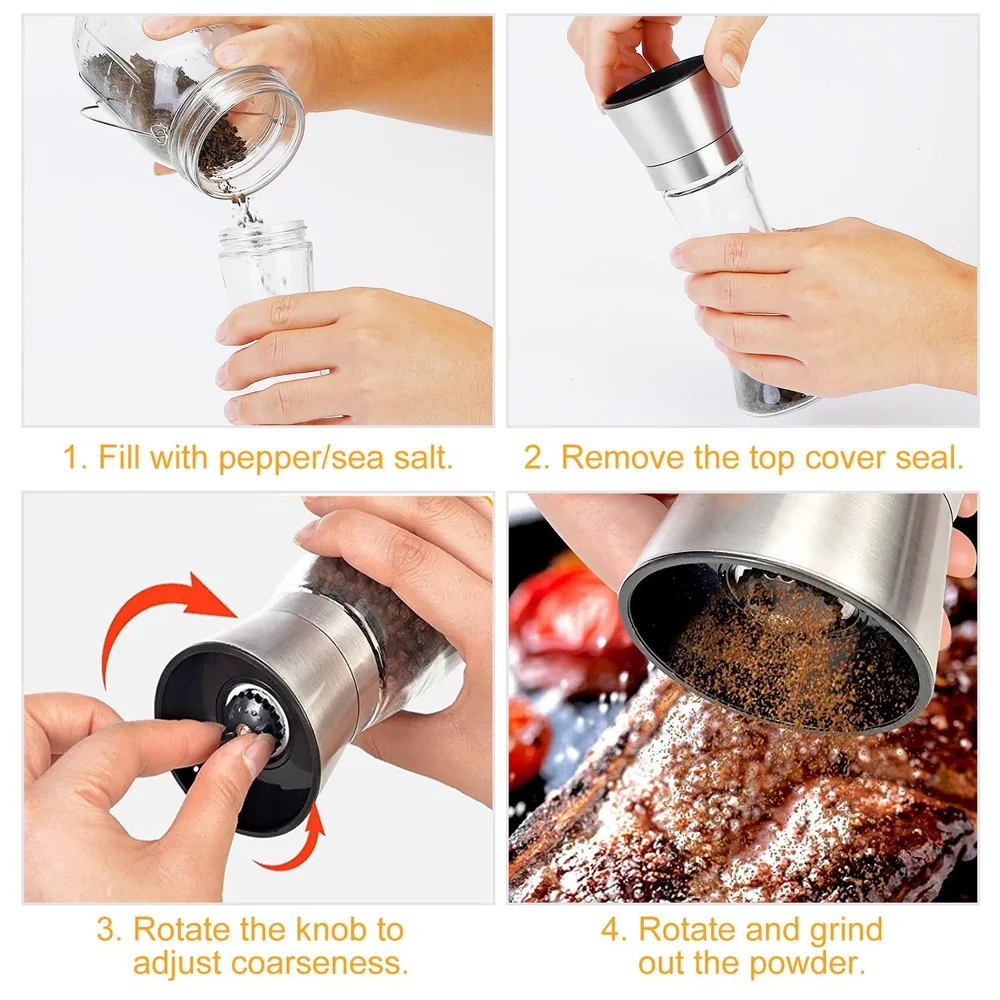 Instructional guide for a stainless steel salt and pepper grinder showing four steps: filling with spices, removing the seal, adjusting coarseness, and grinding seasonings on food.