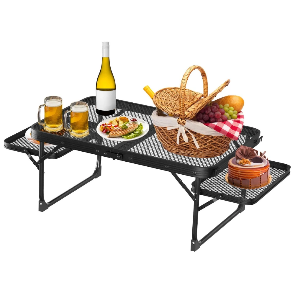 Foldable outdoor picnic table with food, drinks, and picnic basket, featuring beer mugs, a wine bottle, grilled chicken, salad, and assorted fruits. Ideal for barbecues and family gatherings.