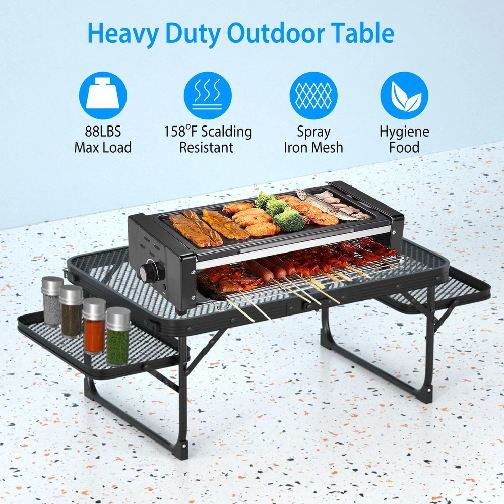Heavy duty outdoor table with grill and food, featuring a maximum load of 88 lbs, scalding resistance up to 158°F, and spray iron mesh for hygiene.