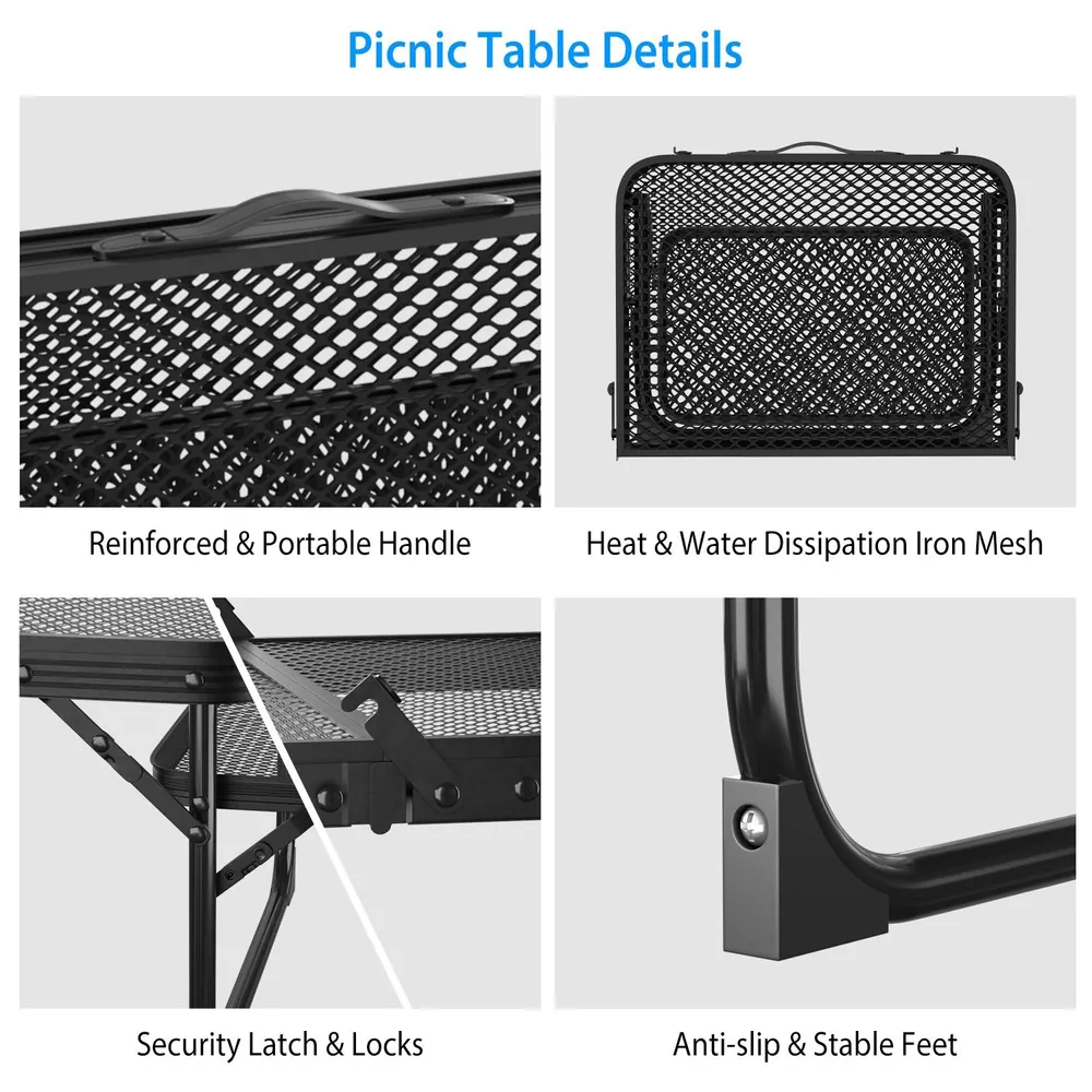 Close-up of a black, portable picnic table showcasing features like a reinforced handle, heat-dissipating iron mesh, security latches, and anti-slip feet for stability.