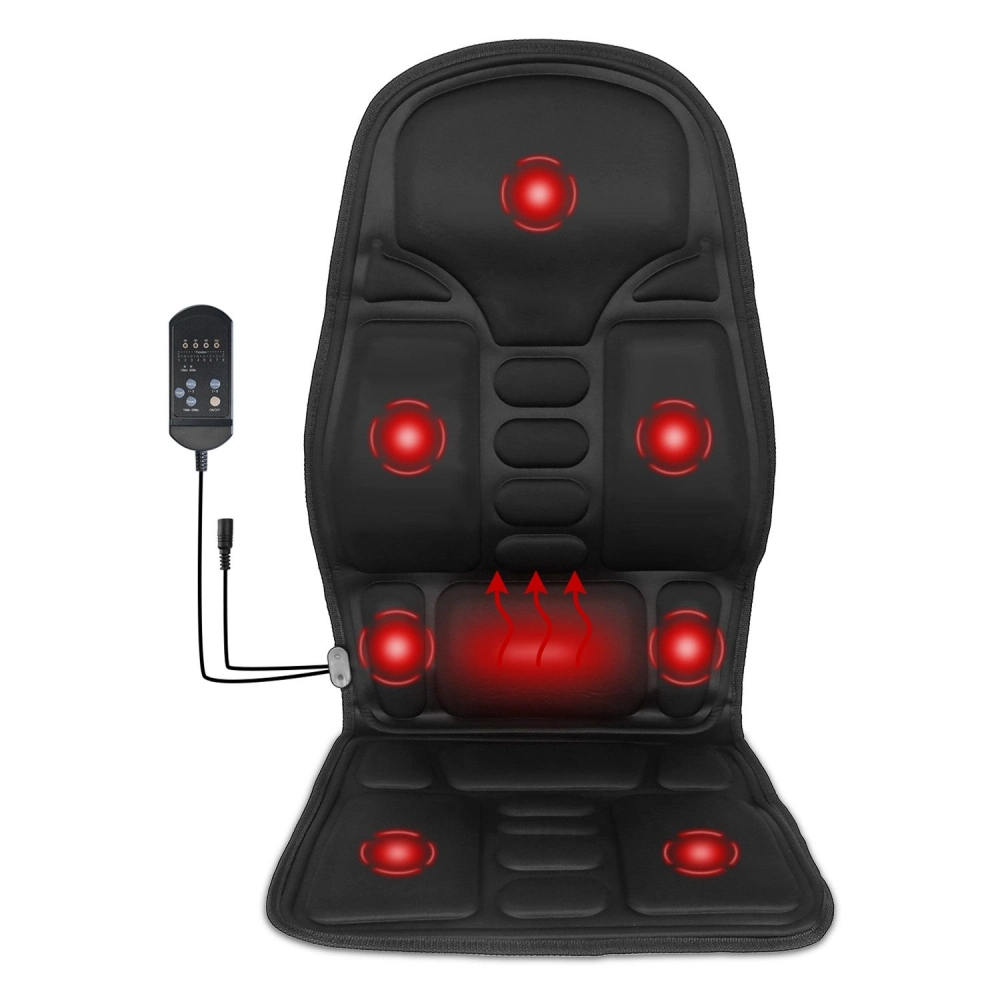 Heated massage chair pad with multiple massage nodes and remote control, designed for back and neck relief, featuring red light indicators and comfortable black fabric.