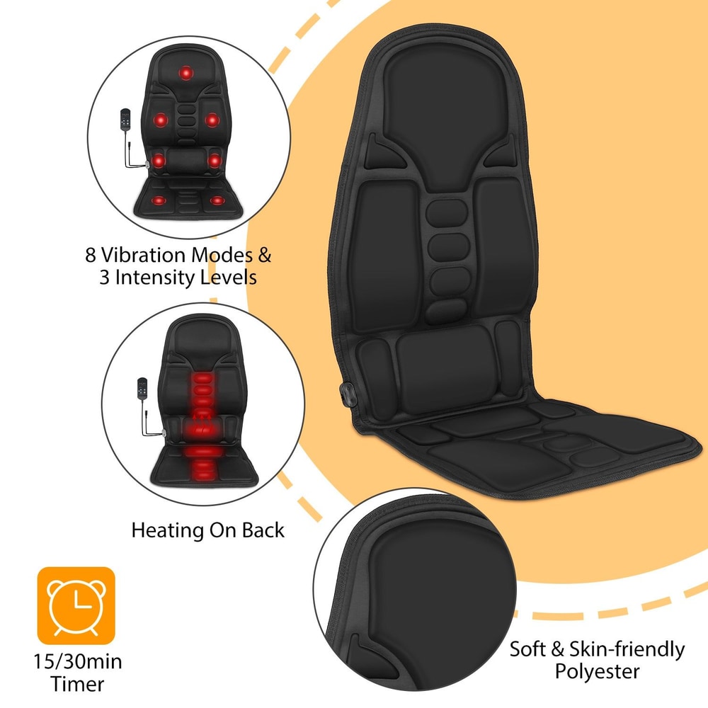 Vibrating massage chair pad featuring 8 vibration modes, 3 intensity levels, back heating option, and soft, skin-friendly polyester material, with a convenient 15/30 minute timer.