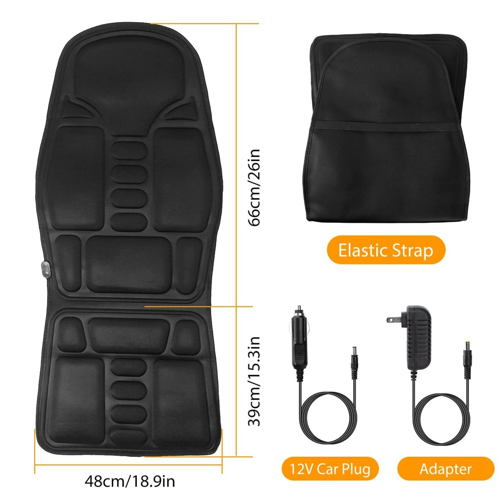 Black heated car seat cushion with dimensions labeled, featuring an elastic strap, 12V car plug, and a power adapter, designed for comfort and convenience during travel.