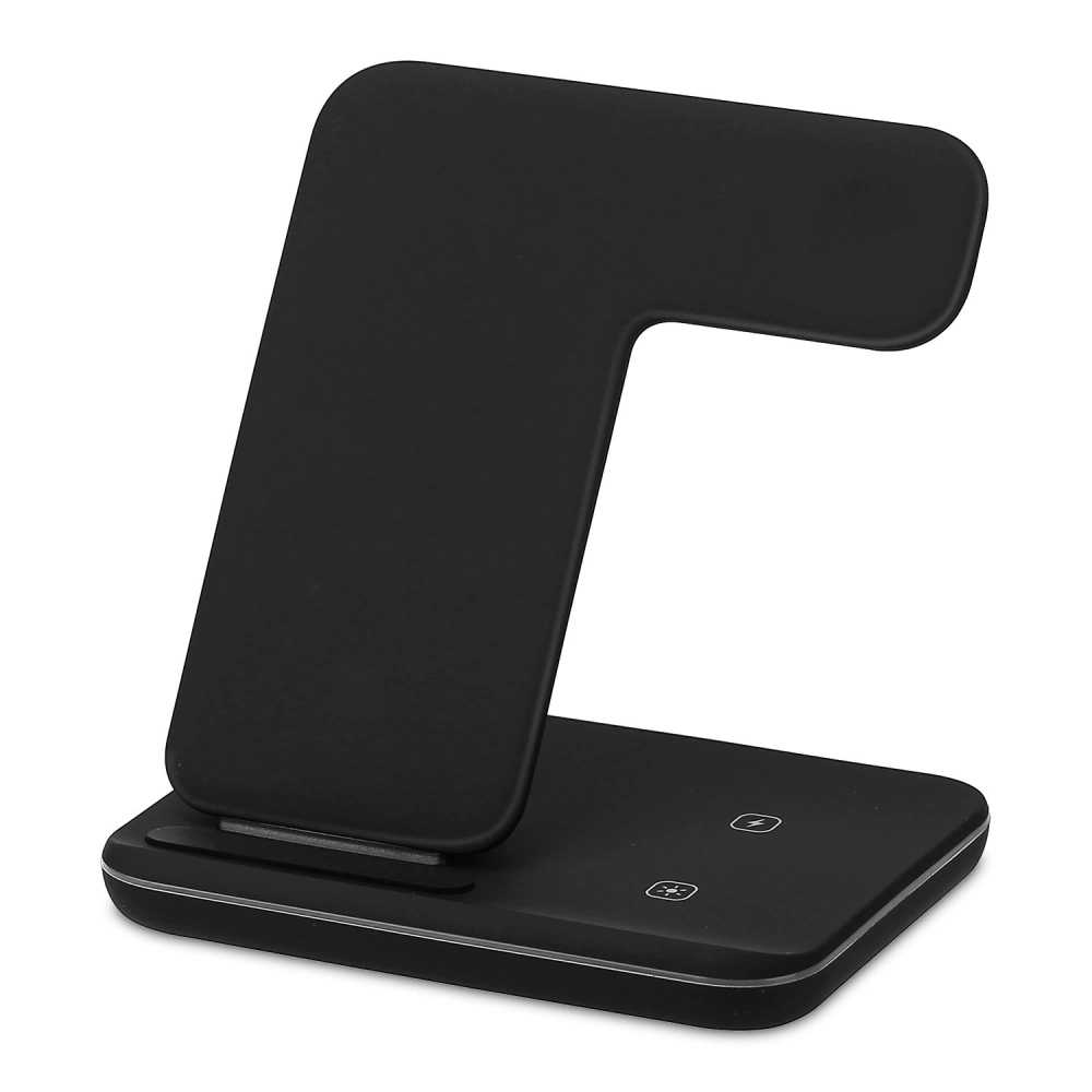 Modern black wireless charger stand with sleek design and touch control buttons, ideal for fast charging smartphones and devices.