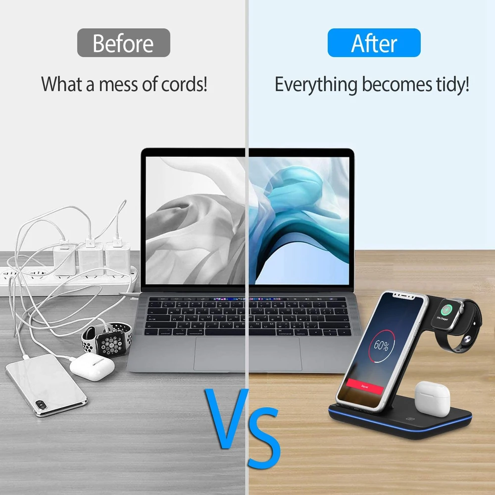 Comparison of a cluttered workspace with tangled cords on the left, labeled "Before," vs. a neat and organized charging station with a smartphone, smartwatch, and wireless earbuds on the right, labeled "After," showcasing a tidy tech lifestyle.