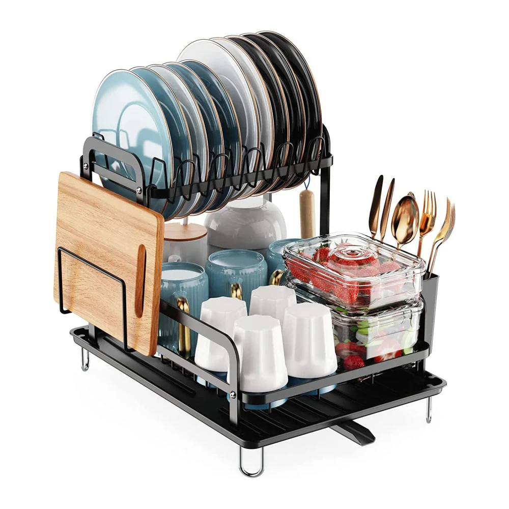 Modern black dish drying rack holding plates, cups, cutlery, and a wooden cutting board, featuring a stylish design for efficient kitchen organization.