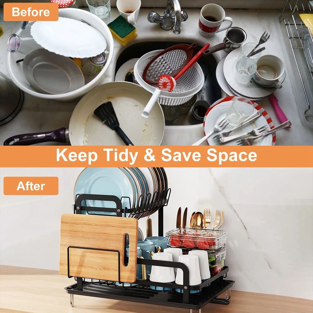 Before and after image showcasing a cluttered kitchen sink full of dirty dishes in the top section and a neat, organized drying rack with clean plates, utensils, and containers in the bottom section, emphasizing an effective kitchen space-saving solution.