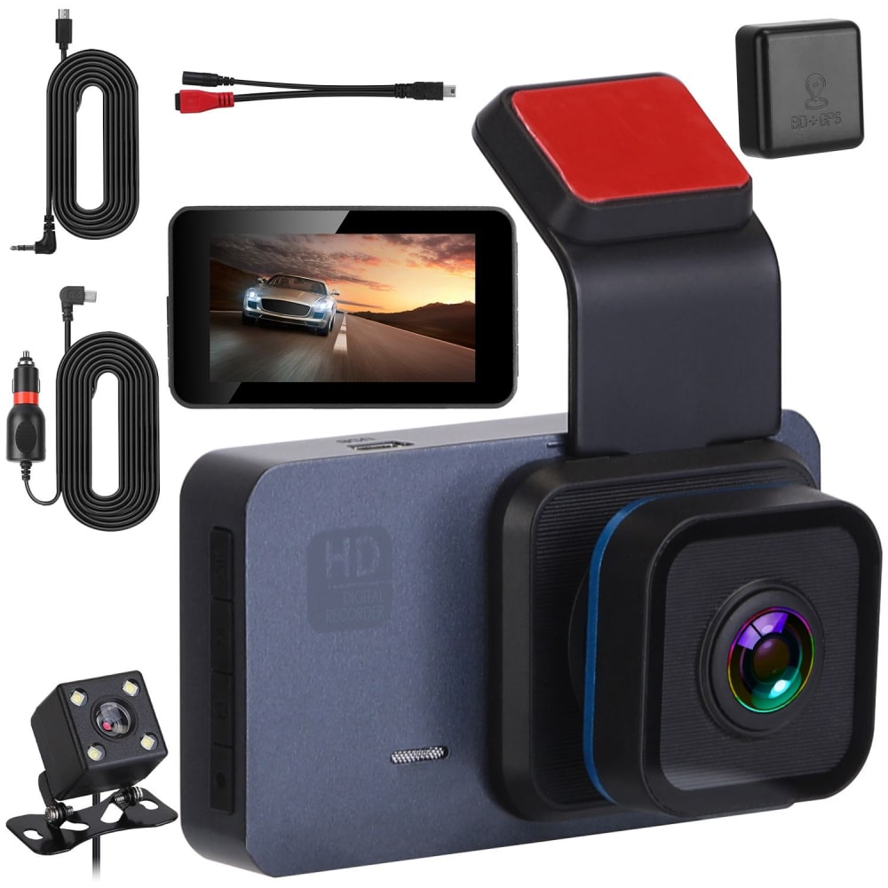 HD car dash camera bundle featuring a compact design, 2-inch display, accessories including power cable and mounting hardware, perfect for secure and clear driving footage.