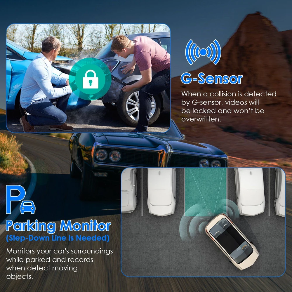 Car safety product image featuring a G-sensor for collision detection and a parking monitor system that records surroundings while parked, illustrated with a graphic showing sensor functionality and an overview of parked vehicles.