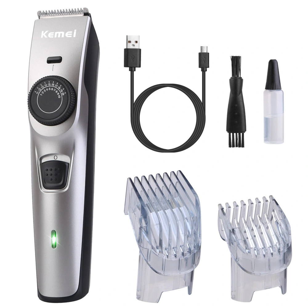 Electric hair clippers set by Kemei, includes a silver trimmer, USB charging cable, cleaning brush, oil bottle, and two plastic guide combs for various hair lengths.