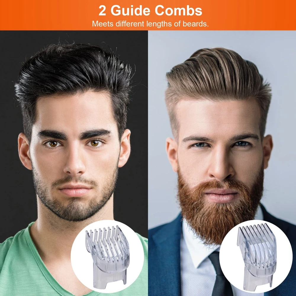 Two men with different hairstyles demonstrating the use of guide combs, showcasing their versatility for achieving various beard lengths. Transparent guide combs are prominently displayed alongside each man.