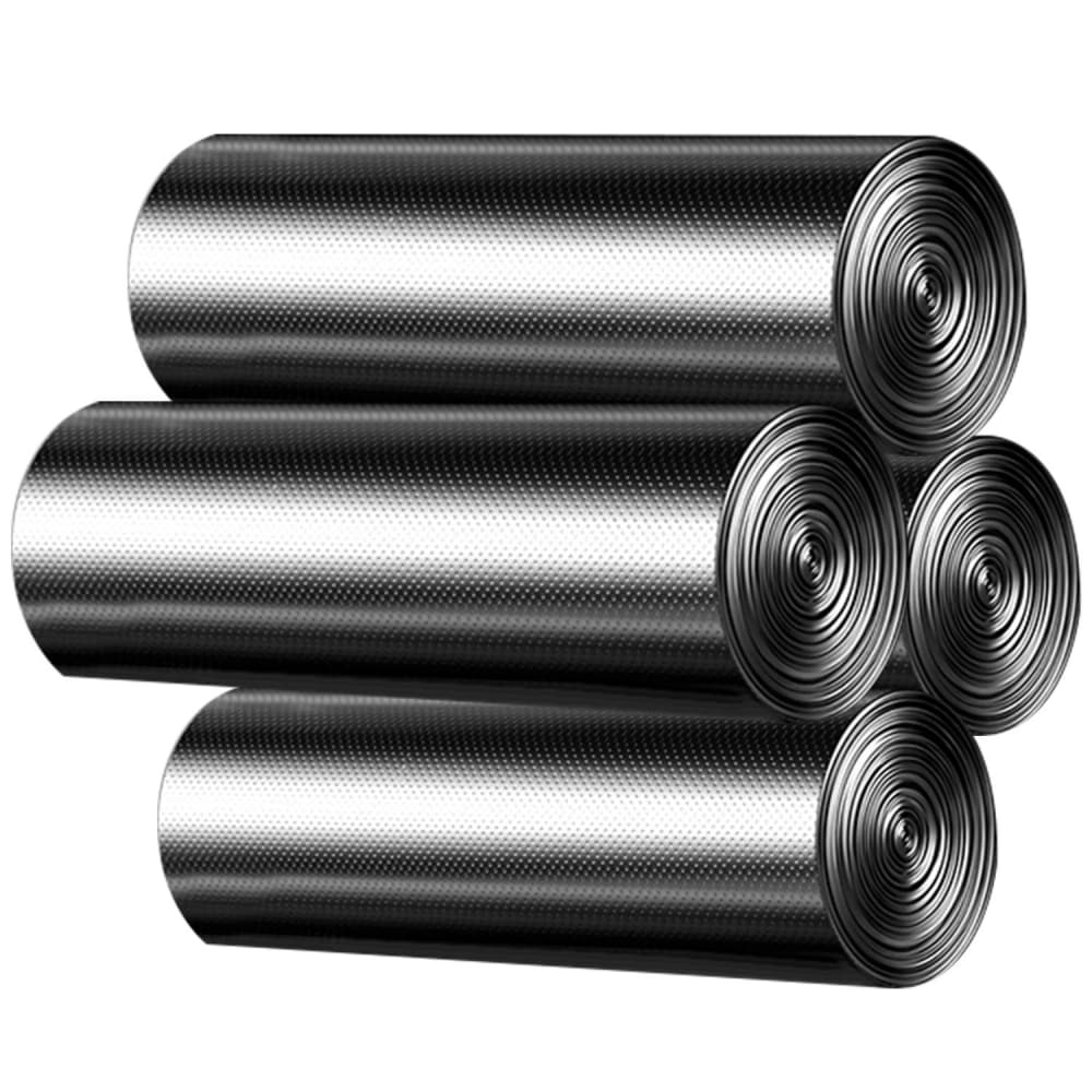 Five rolls of high-quality black vinyl mesh, perfect for home improvement and DIY projects, stacked neatly for easy storage.