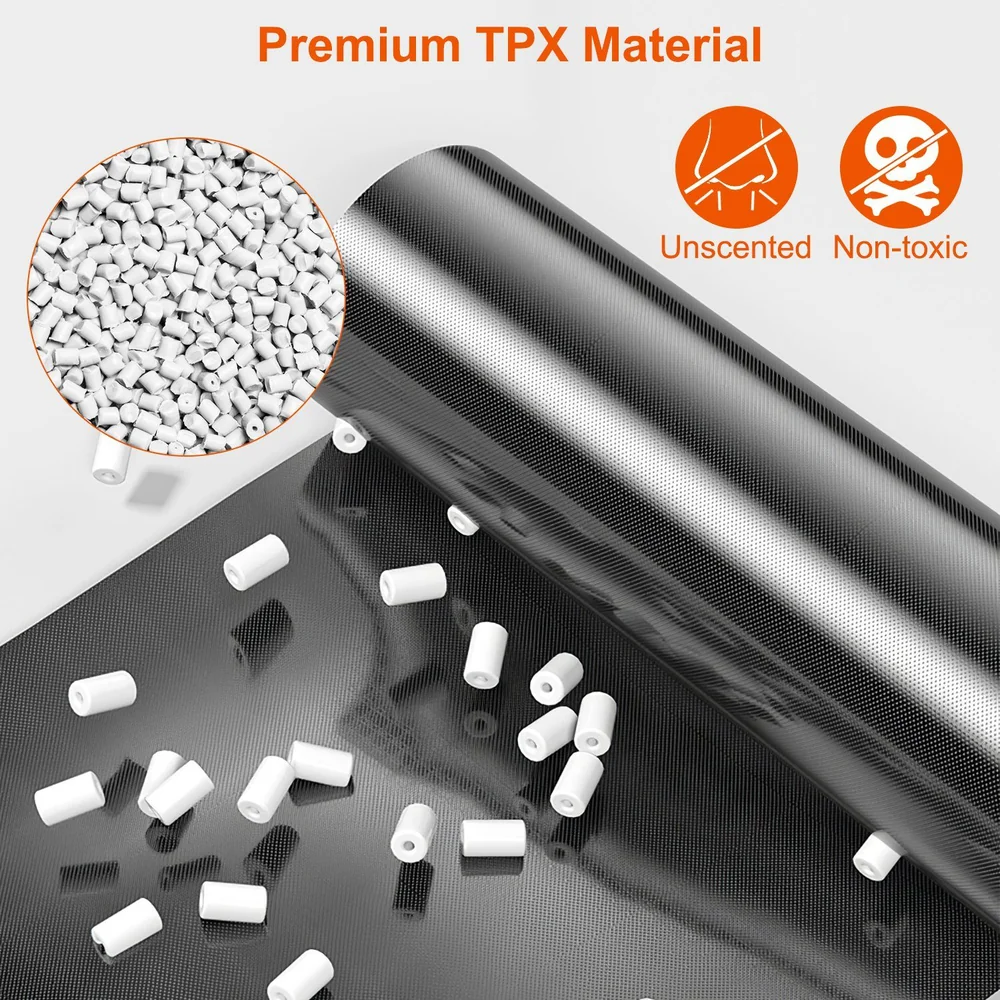 Image of premium unscented non-toxic TPX material roll with scattered white pellets on a black surface, highlighting its eco-friendly features.