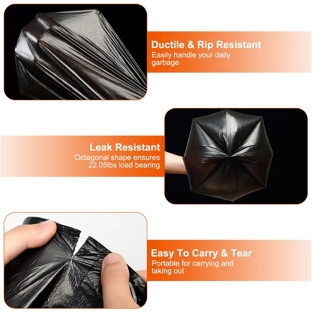 Black garbage bags showcasing ductile and rip-resistant features, leak resistance, and easy portability for everyday use.