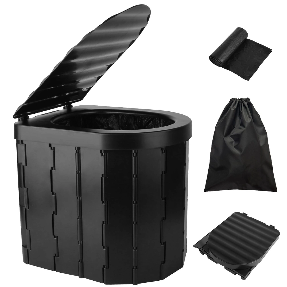 Sleek black plastic trash can with an open lid, displaying a bag liner inside, accompanied by roll of trash bags and a close bag, ideal for home or office use.