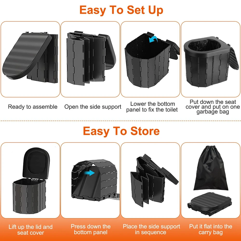 Portable toilet setup and storage instructions with images demonstrating easy assembly and compact storage for convenience.