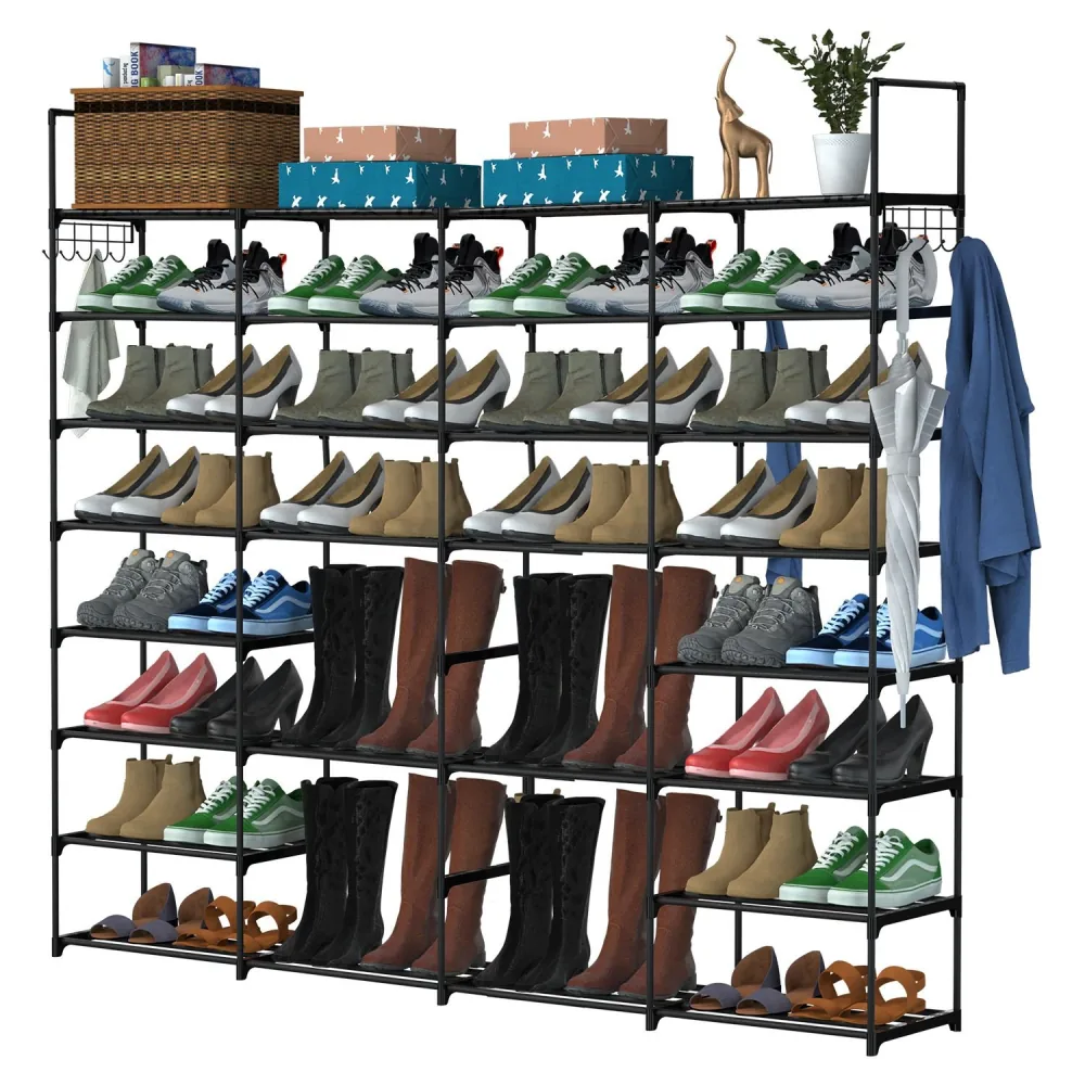 Shoe rack organizer with multiple shelves displaying various footwear styles, including sneakers, boots, and dress shoes, alongside decorative storage boxes and a plant.