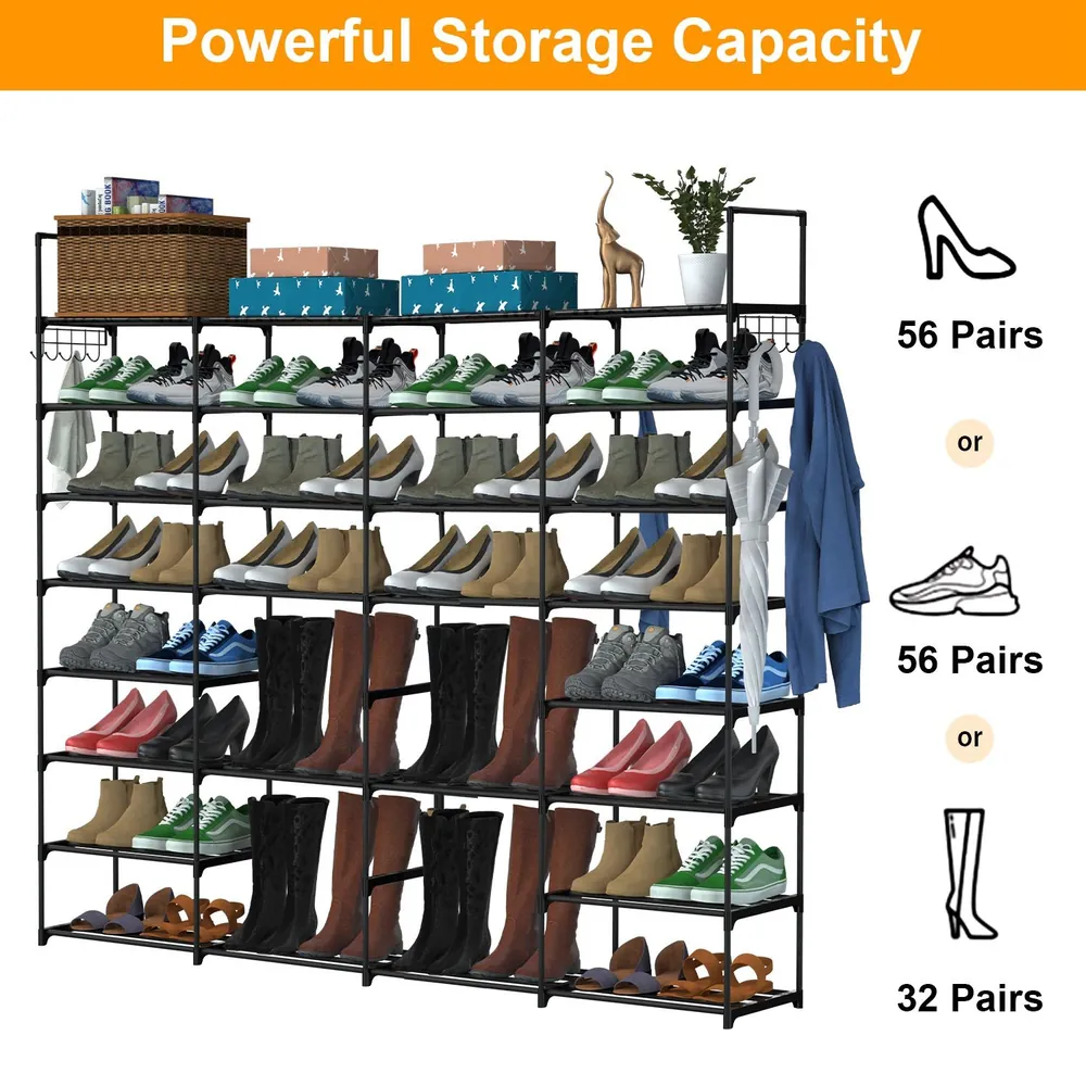 Shoe rack with powerful storage capacity for 56 pairs of shoes or 32 pairs of tall boots, featuring a stylish black design and additional storage options on top.