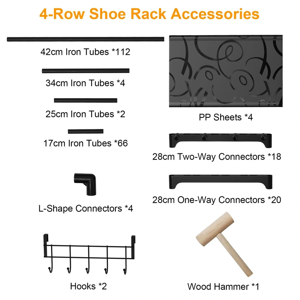 4-row shoe rack accessory components including various lengths of iron tubes, connectors, PP sheets, hooks, and a wood hammer, organized in a clear layout for easy assembly and construction guidance.