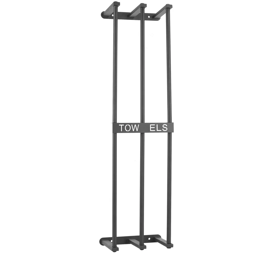 Black metal towel rack with three vertical bars and a horizontal sign labeled "TOWELS" for bathroom organization.