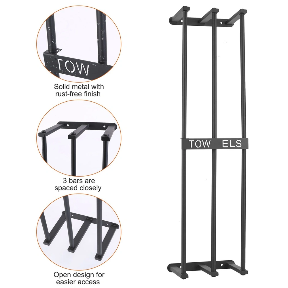 Black metal towel rack with three closely spaced bars and an open design for easy access, featuring a rust-free finish.