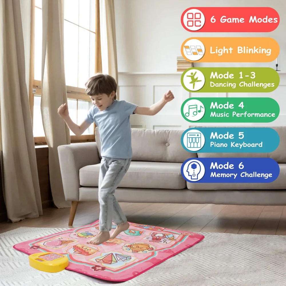 Child playing on an interactive dance mat with six game modes, featuring a colorful design, in a bright living room setting with a sofa.